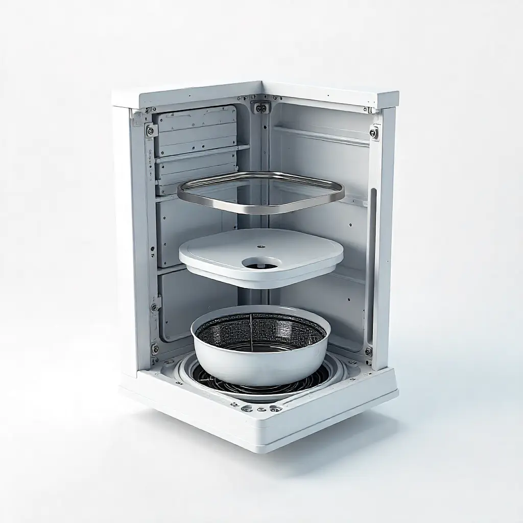 Exploded view of modern appliance showing internal components